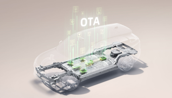 Transparent car model showing OTA technology and electronic components.