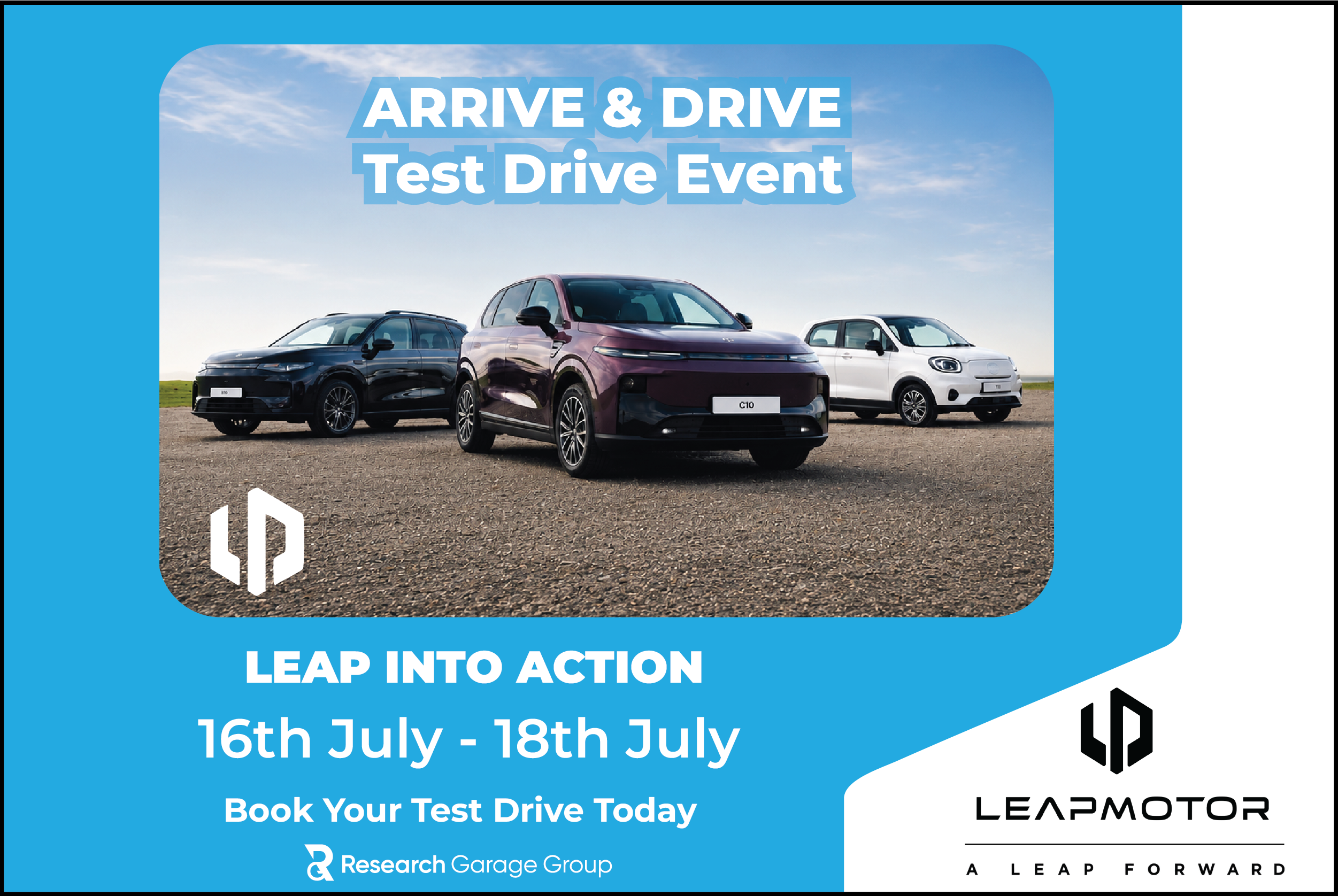 Three cars displayed with text about a test drive event from 16th July to 18th July.
