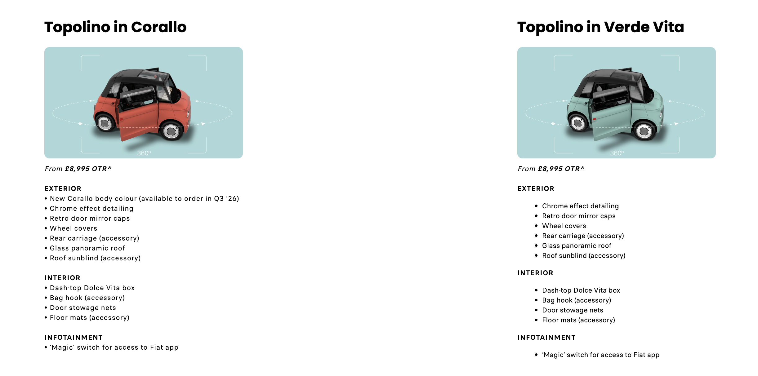 Fiat Topolino models comparison: Corallo vs Verde Vita with details and features.
