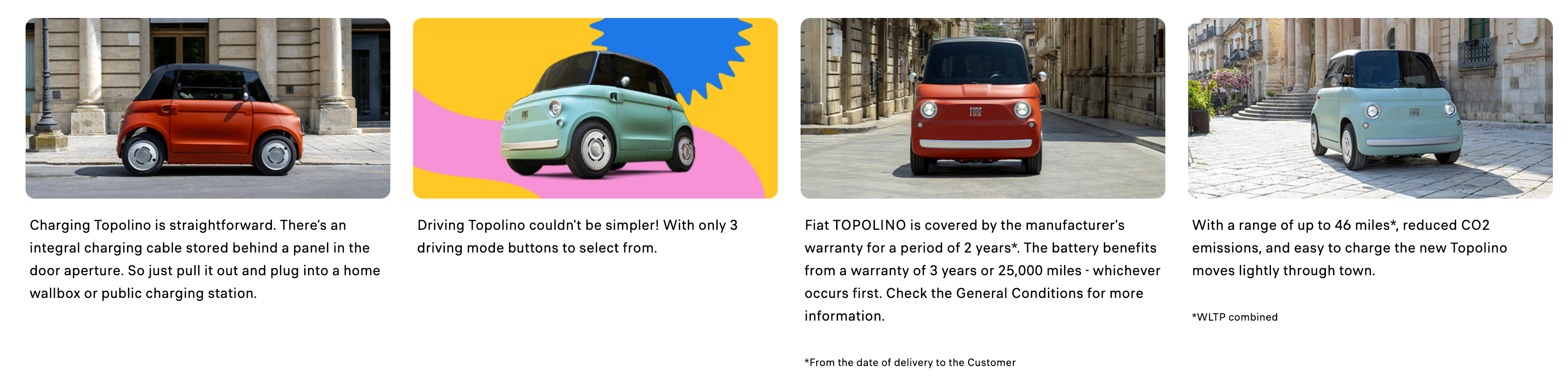 Fiat Topolino webpage showcasing features and images of the electric quadricycle.